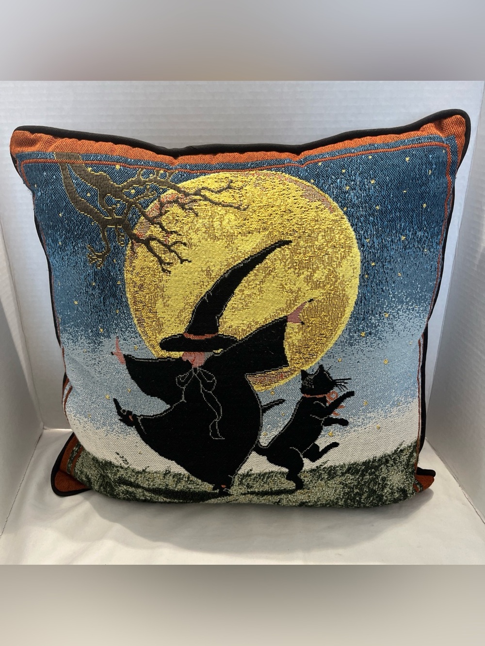 Halloween Witch & Cat Accent Pillow - Black, Yellow, Blue 16" x 16"